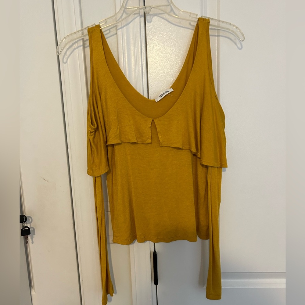 Cropped cold shoulder long sleeve mustard yellow ruffle top